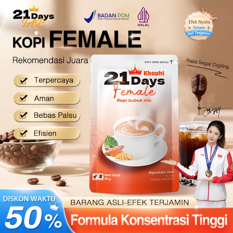 

21Days Coffee Female Coffee – Kunyit, Kacip Fatimah, Daun Sirih, Gula Aren – Rekomendasi Juara Olimpiade