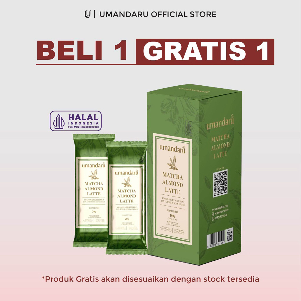 

UMANDARU Matcha Almond Latte - Minuman Serbuk Teh Hijau Dan Almond dg Krimer - Dus isi 5 sachet @20g