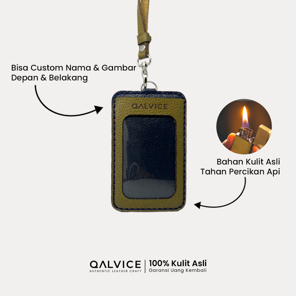 

QALVICE- ID Card Lanyard Name Tag 4 Lapis Bulat Kulit Sapi Asli - Gratis Custom Desain Nama & Gambar