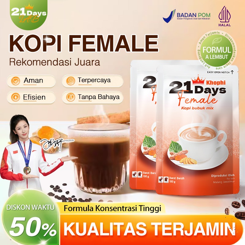 

21Days Coffee Female Coffee – Kunyit, Kacip Fatimah, Daun Sirih, Gula Aren – Rekomendasi Juara Olimpiade