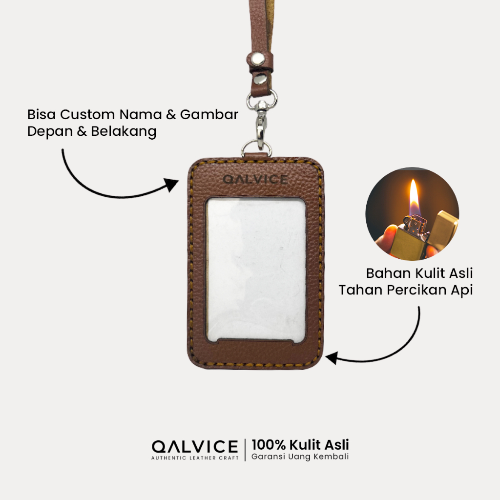 

QALVICE- ID Card Lanyard Name Tag 2 Lapis Bulat Kulit Sapi Asli - Gratis Custom Desain Nama & Gambar