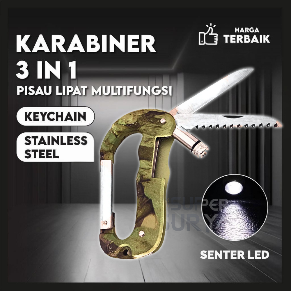 baby_nisaa - karabiner 3in1 multifungsi - gantungan kunci, senter, pisau lipat survival