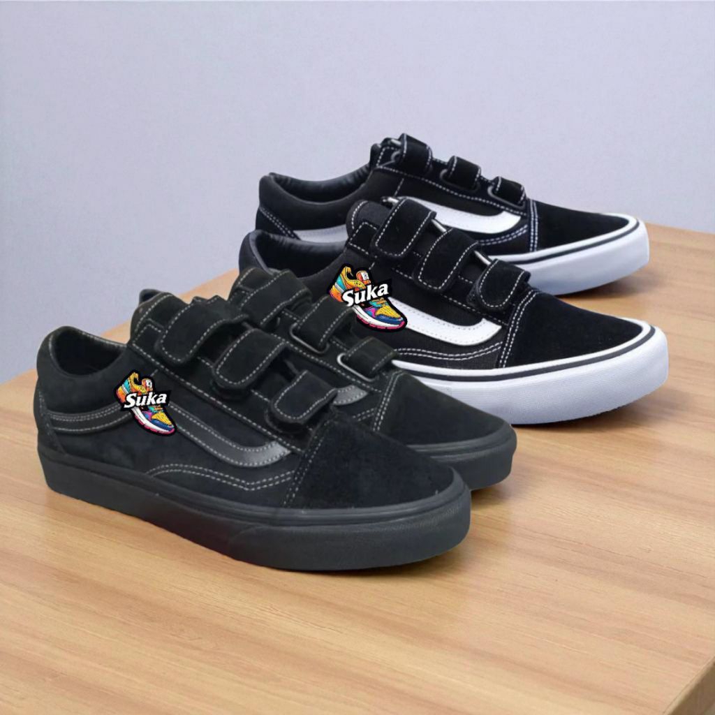 Sepatu Sneaker Sekolah Hitam Putih Kasual Pria Wanita SMP SMA Tanpa Tali Perekat Prepet Kretekan Bla