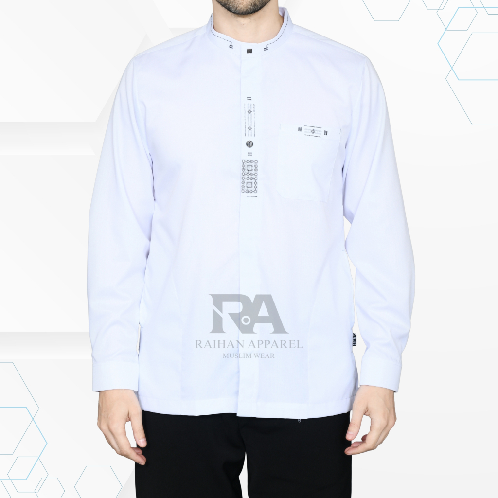 Baju Koko Pria Putih Lengan Panjang Kemko Dewasa Taqwa Motif Bordir Simpel Bahan Toyobo Fodu Muslim