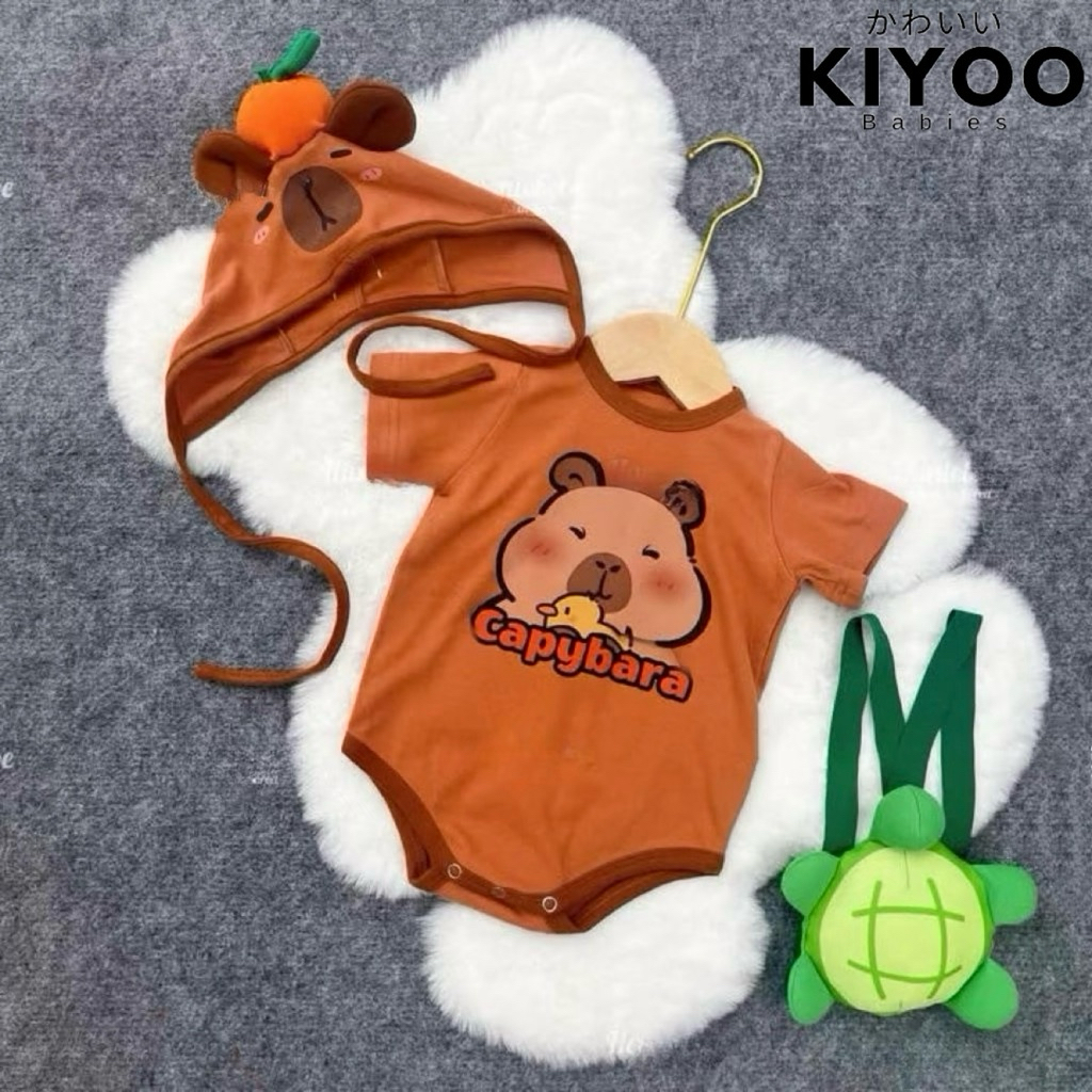 KIYOO BABIES - Kostum Bayi Capybara Free Topi & Tas | Baby Girl Romper l Baju Bayi Perempuan | Jumpe
