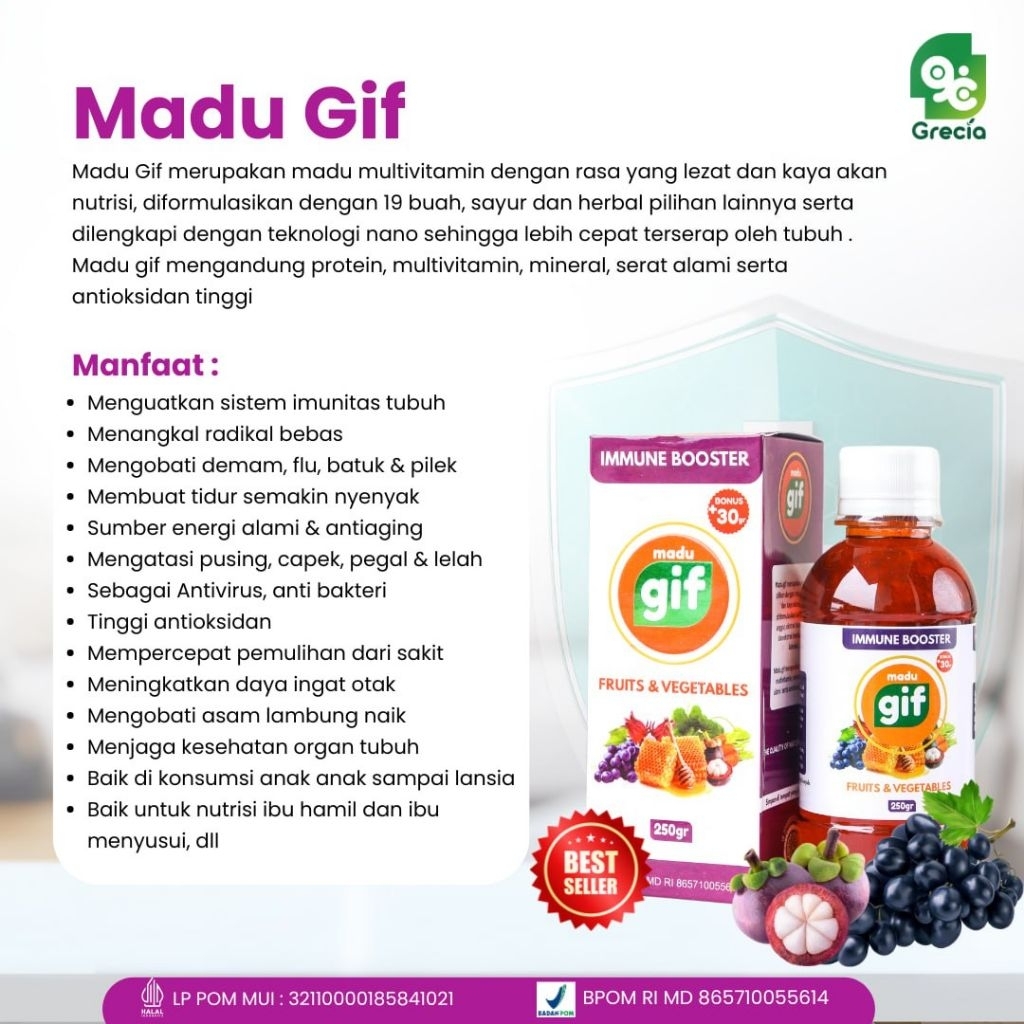 Madu Gif Immune Booster + Bonus Hadiah Gratis - Nutrisi Harian Imunitas, Atasi Capek, Demam Batuk Pi