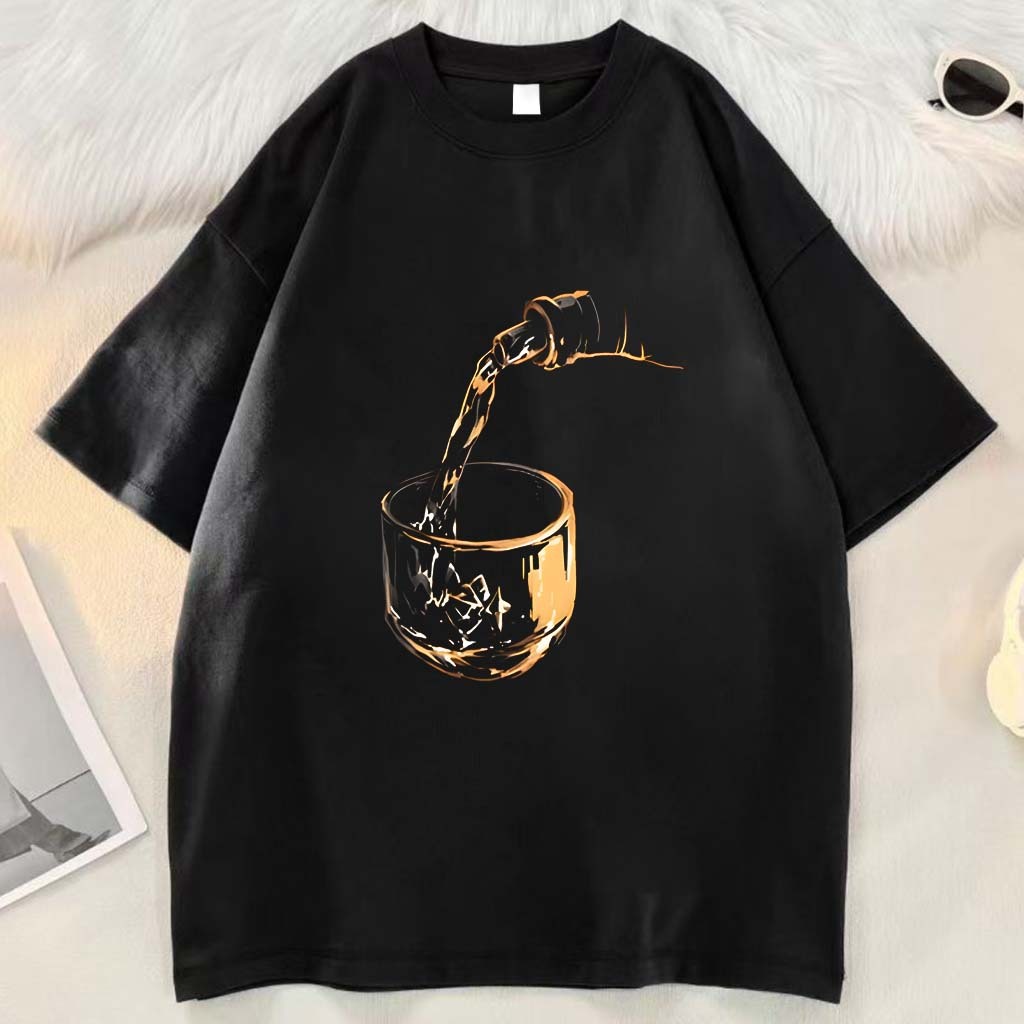 HIGH RAIN American retro Style T-shirt Oversize Origina l Desain gelas anggur kaca bening | Print Pr