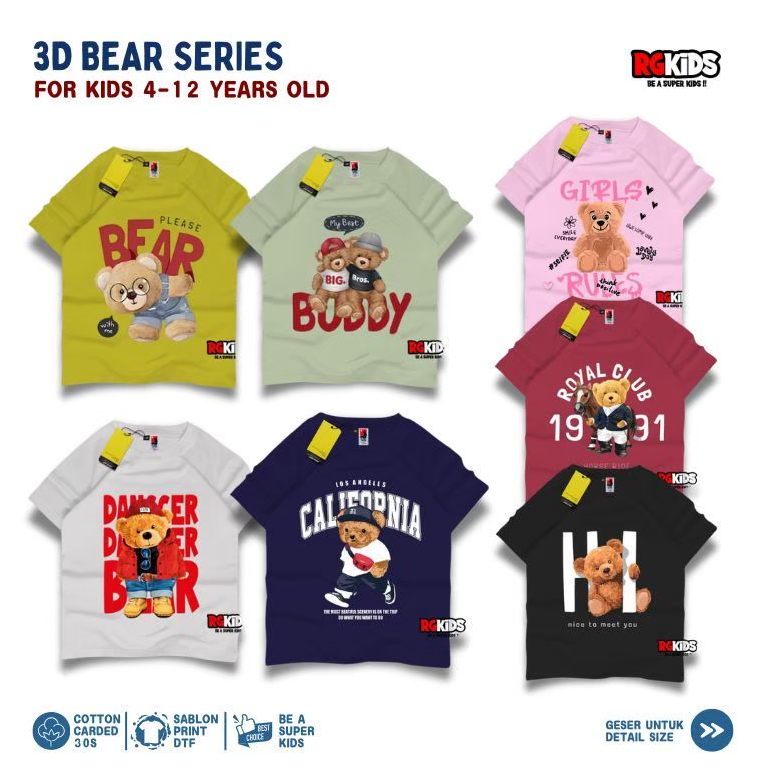 Superzie Kaos anak perempuan Motif BEAR series warna maroon hitam pink 4-12 tahun sablon print