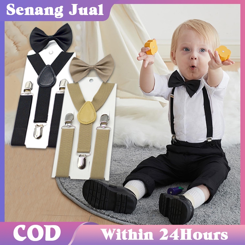 Set 2 Pcs Suspender Dan Dasi Kupu Kupu Anak / Warna Solid Suspender Set