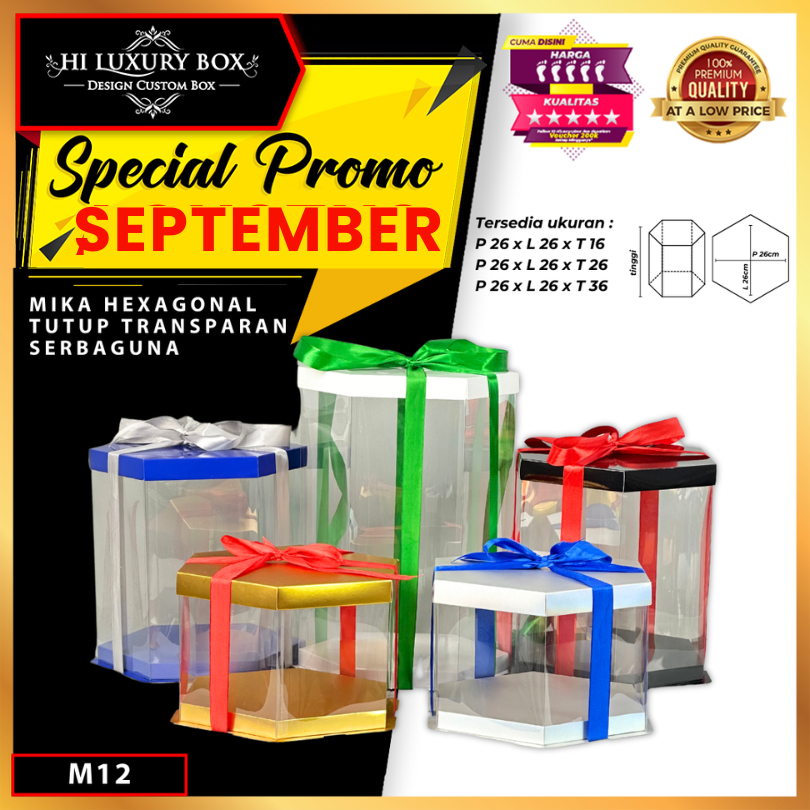 

Box Mika Hexagonal - Cake Box - Box Segi Enam Kue Mika Transparan Dus Hadiah Hantaran -Tutup Warna Uk 26x216 - M12
