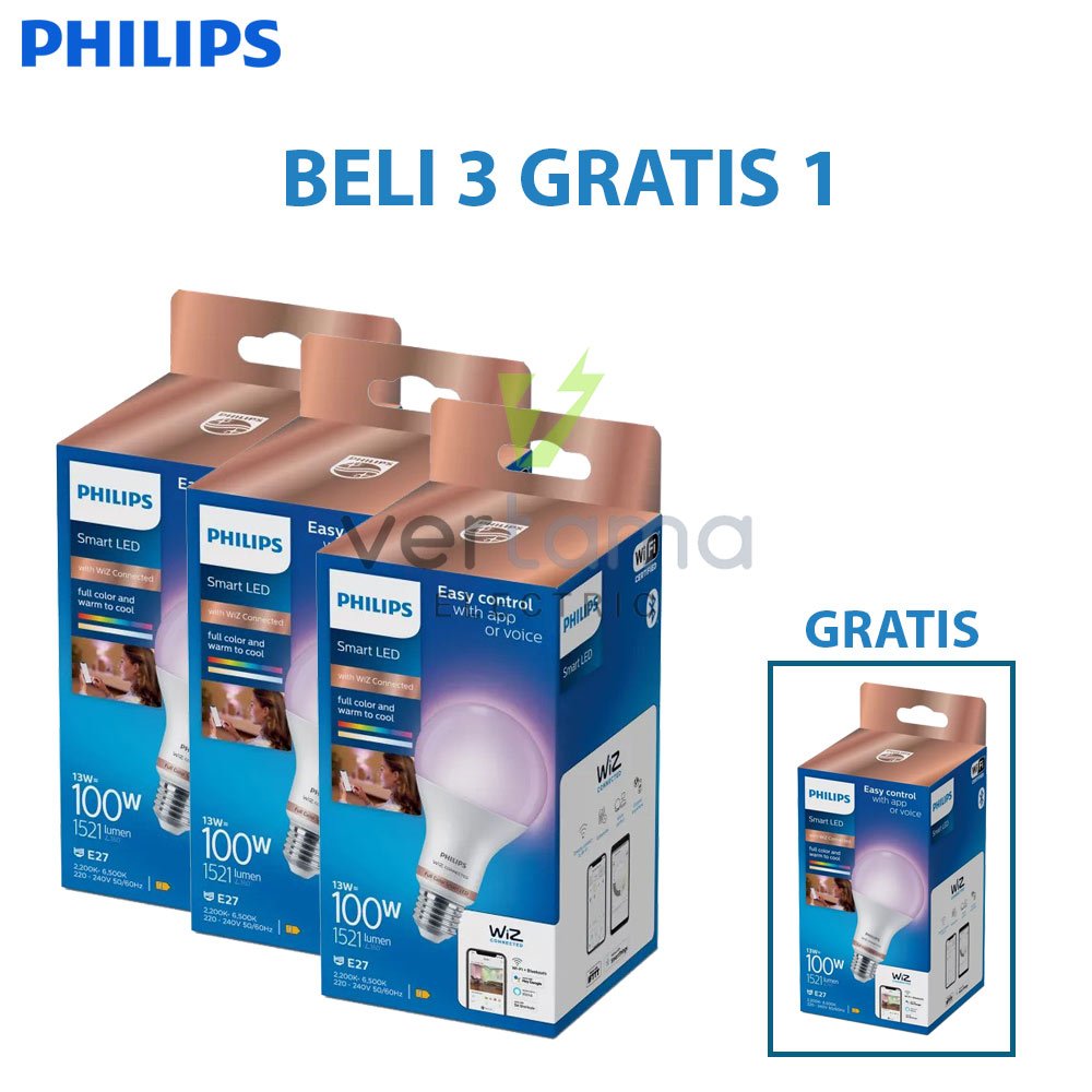 Promo Beli 3 Gratis 1 Lampu Bohlam LED Philips Smart WiFi 13Watt Tunable Color RGB Free Lampu Smart 