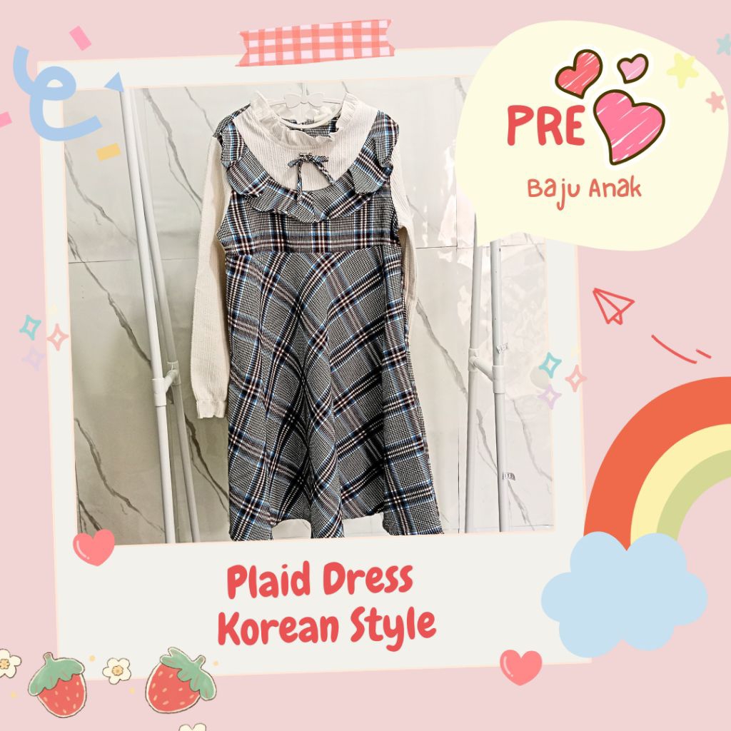 Baju Anak Ala Korea | Plaid Dress Korean Style | Dress Anak Renda Motif Kotak-Kotak