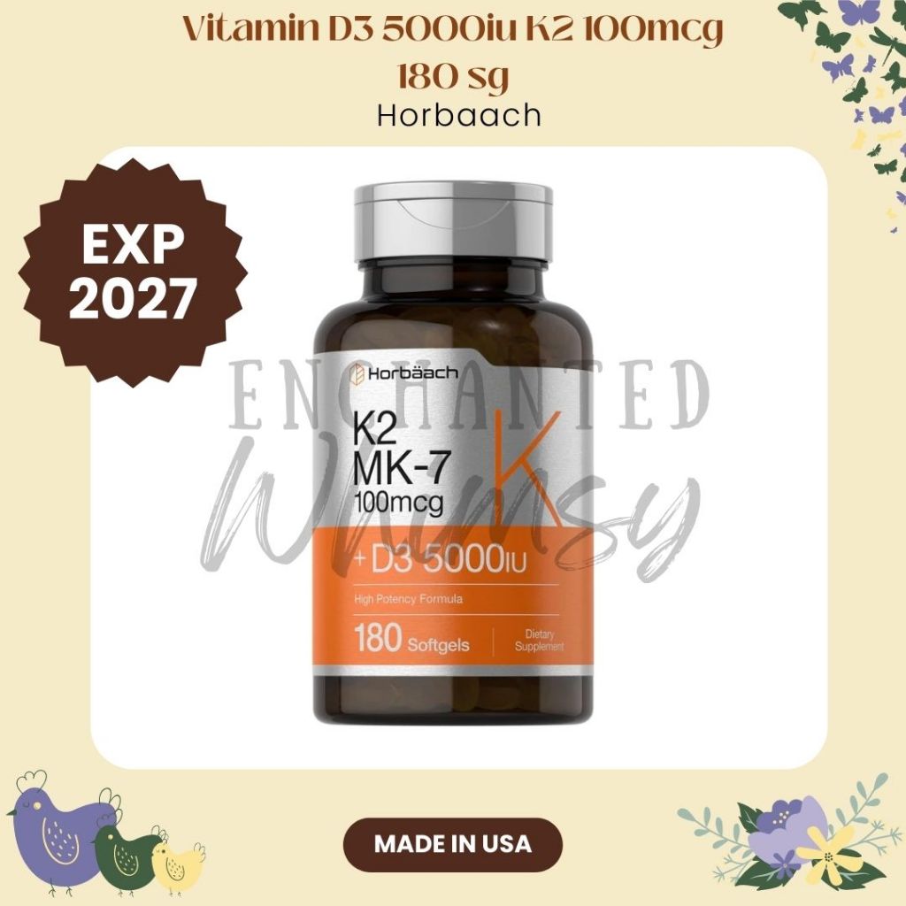 Vitamin D3 125mcg 5000IU K2 MK7 100mcg Horbaach 180 Softgels imunitas Vit D3K2 5000 iu 100 mcg