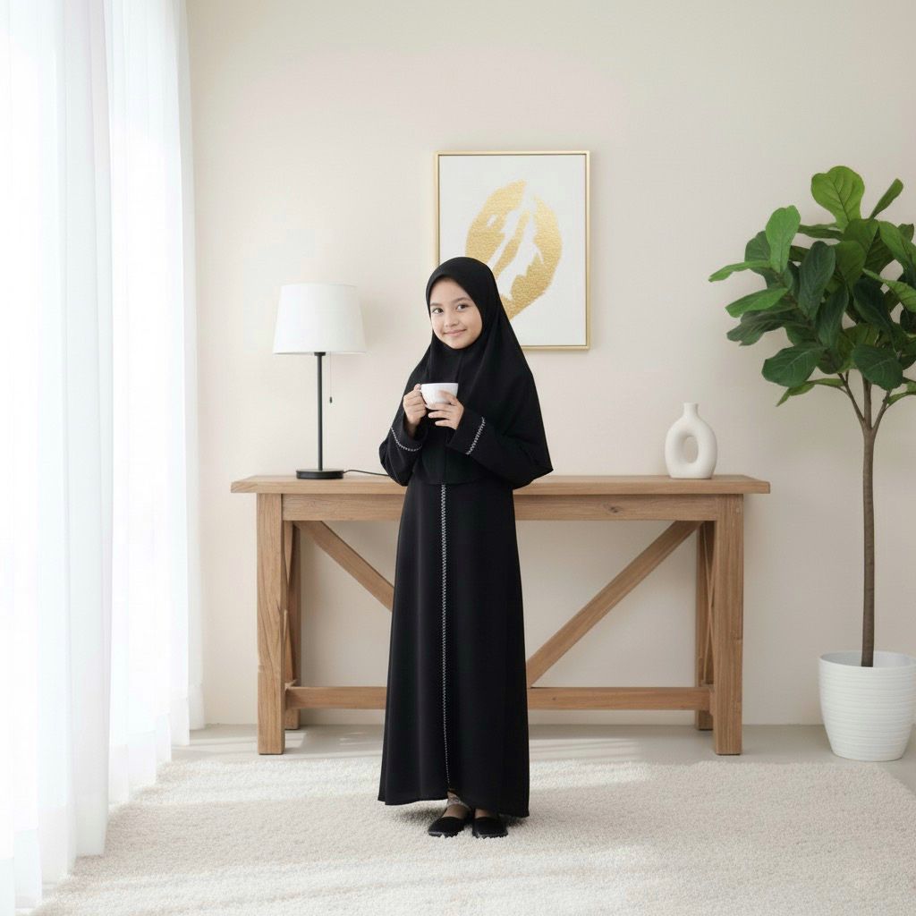 Gamis Abaya Anak Crinkle Premium Motif Garis 2 Hitam Modis