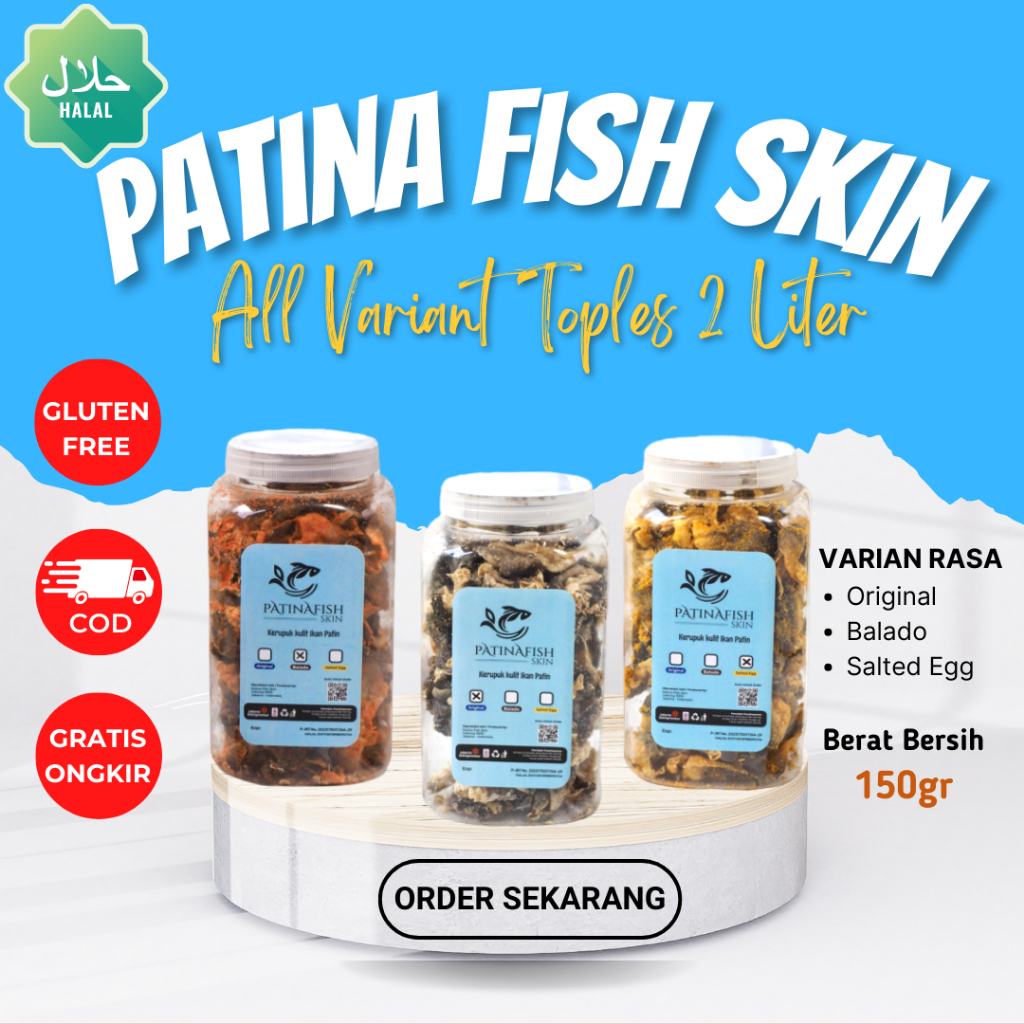 

Kerupuk Kulit Ikan Patin Kemasan Paket 3 Pcs Toples 2 Liter Original, Balado, Salted Egg Fish Skin - Cemilan Keripik Lokal Gurih Premium HALAL