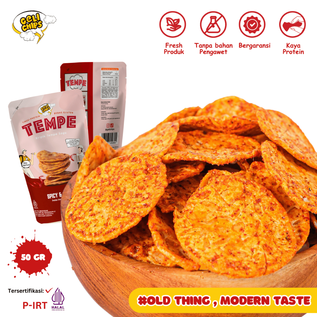 

Geli Chips - Keripik Tempe Sagu Rasa Pedas Daun Jeruk 50 gr