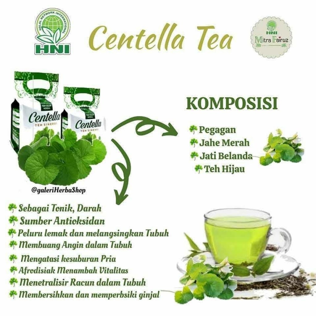 

Teh Centella Sinergi HNI 1 Pack Rp 95.000 Isi : 24 Kantong Berat : 2 gr