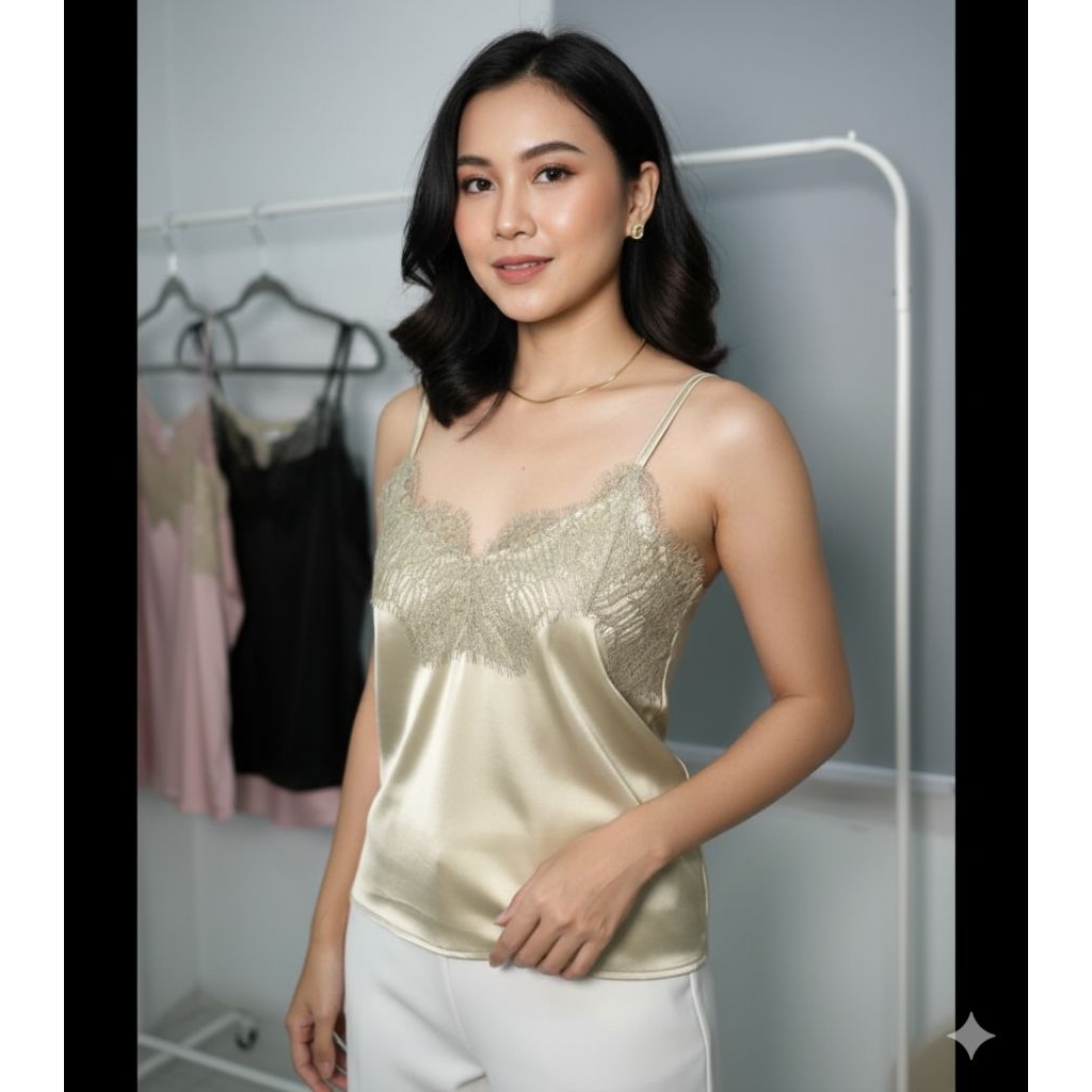 DAJE Silk Satin Lace Cami Top (ADJUSTABLE STRAP) / Kamisol Korea / Camisole Korea / Tank Top Model R