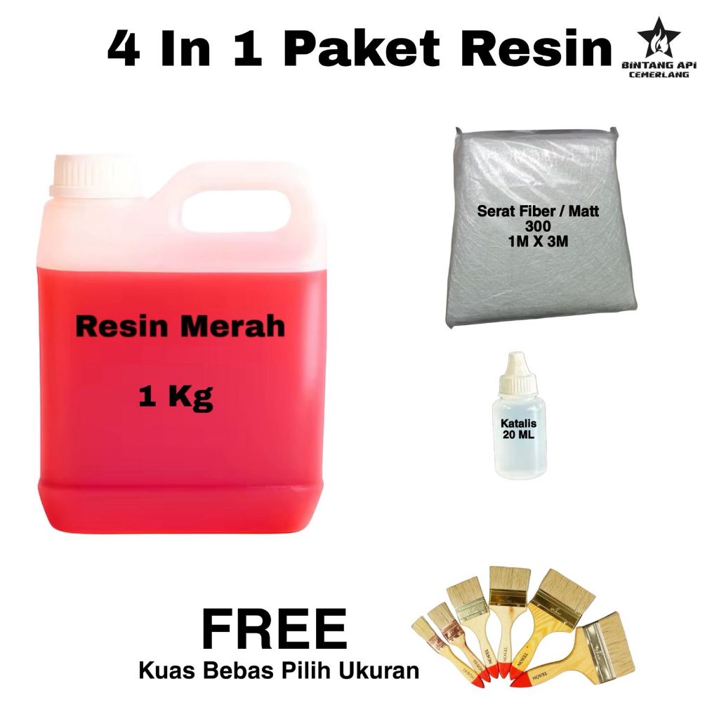 4 IN 1 Paket Resin Katalis Plus Serat Fiber 300Gsm Plus Kuas / Paket Resin Lengkap