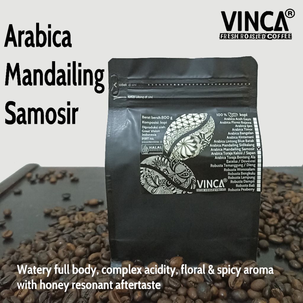 

Vinca kopi Arabica Mandailing Samosir 780-820 gram ( level roast sesuai pesanan )