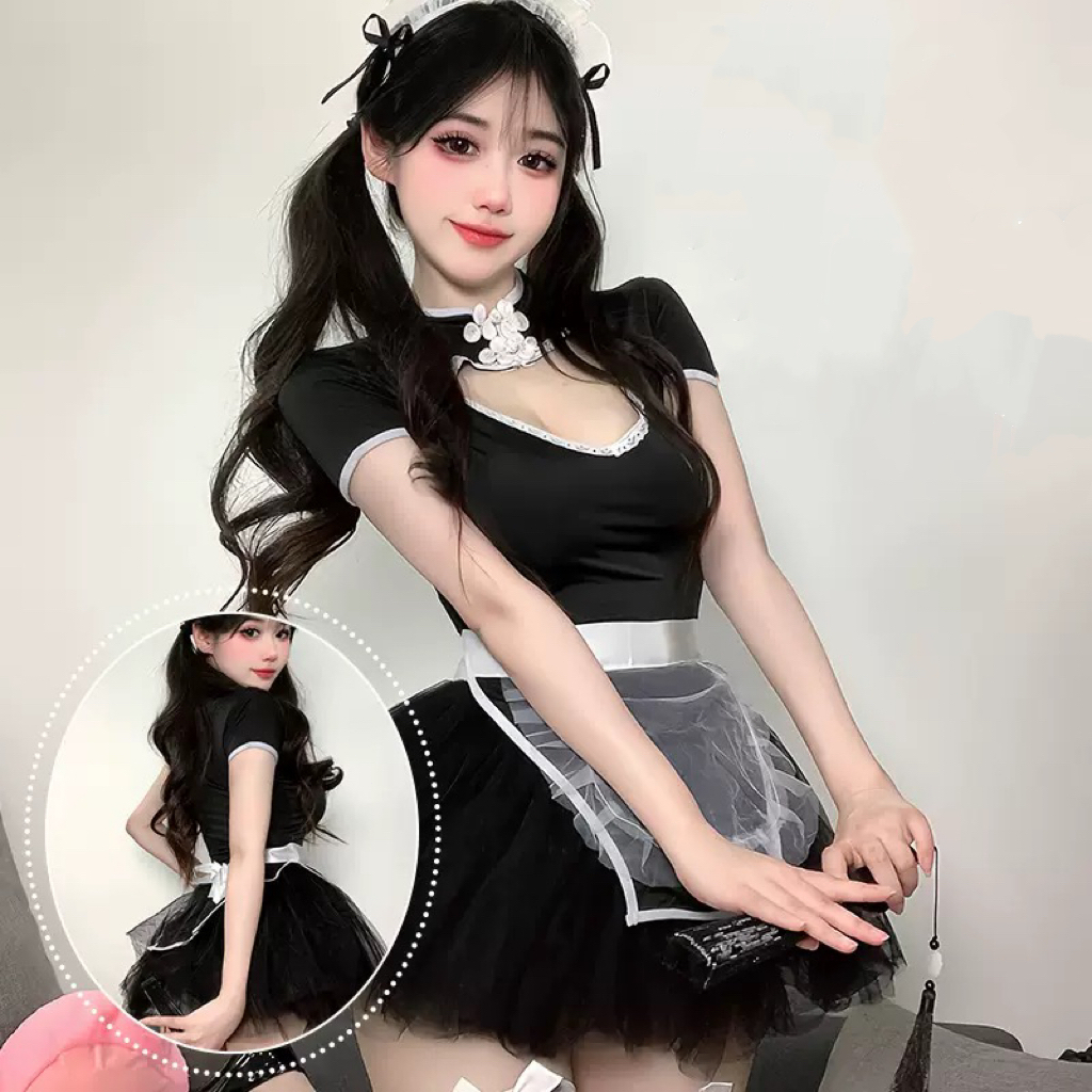 Sexy Anime Chinese Maid Uniform Adult Women Cosplay Costume Cute Cheongsam Hollow Out