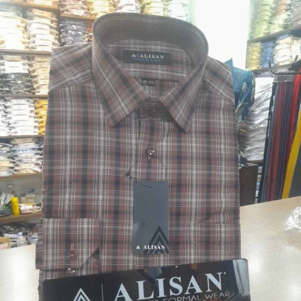 Alisan Kemeja Lengan Panjang Garis Kotak Coklat Muda Reguler