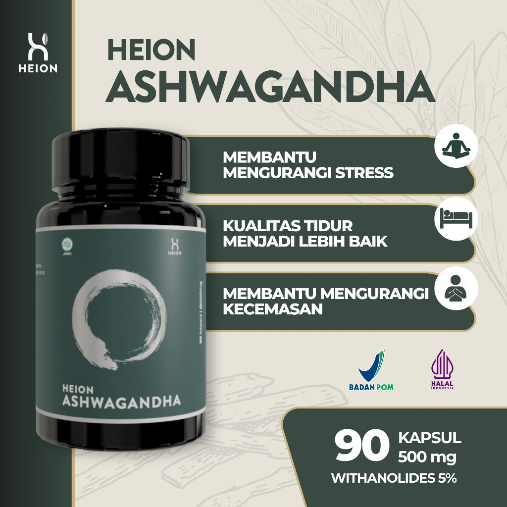 HEION Ashwagandha + 90 Kapsul - SUPLEMENT KESEHATAN MAKANAN ASHWAGANDA EXTRACT @500mg BPOM
