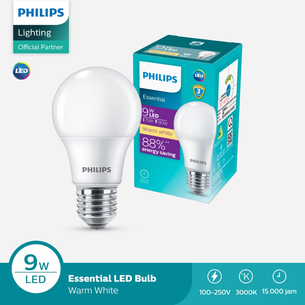 Philips Lampu LED Bulb Essential Bohlam 9W 30K Kuning