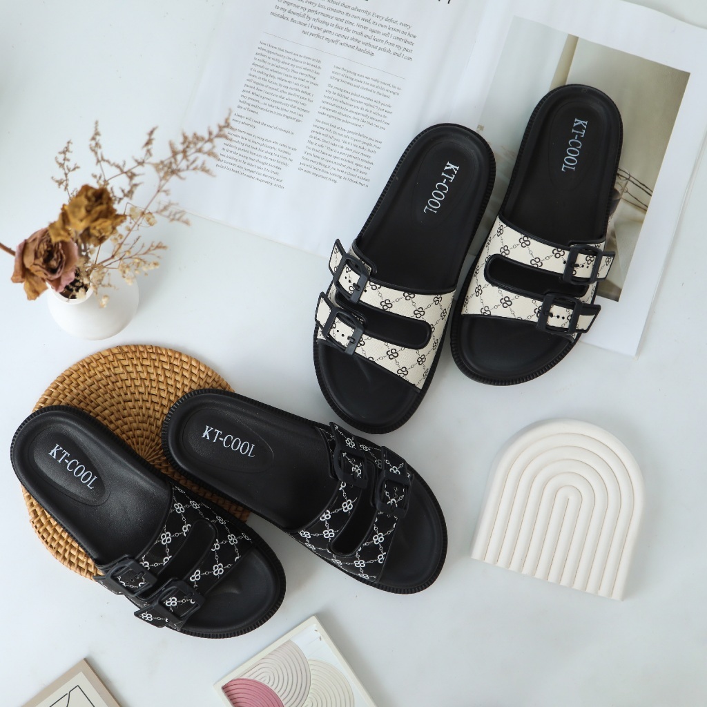 Sandal Selop Wanita Perempuan EVA Floral Bunga Aster Tebal 4 cm   Empuk Hitam Putih Ukuran | KT2020