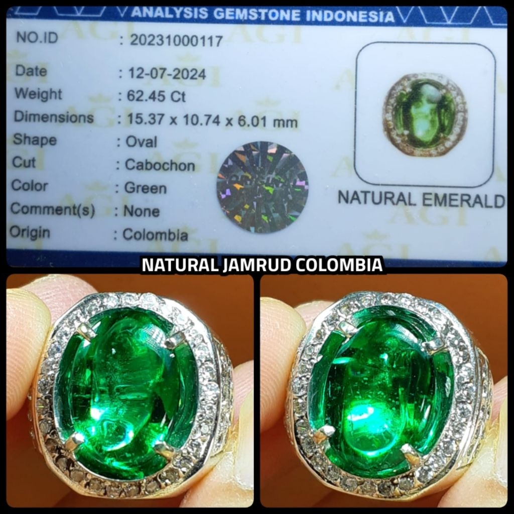 natural 100% permata jamrud colombia boll + ring perak asli