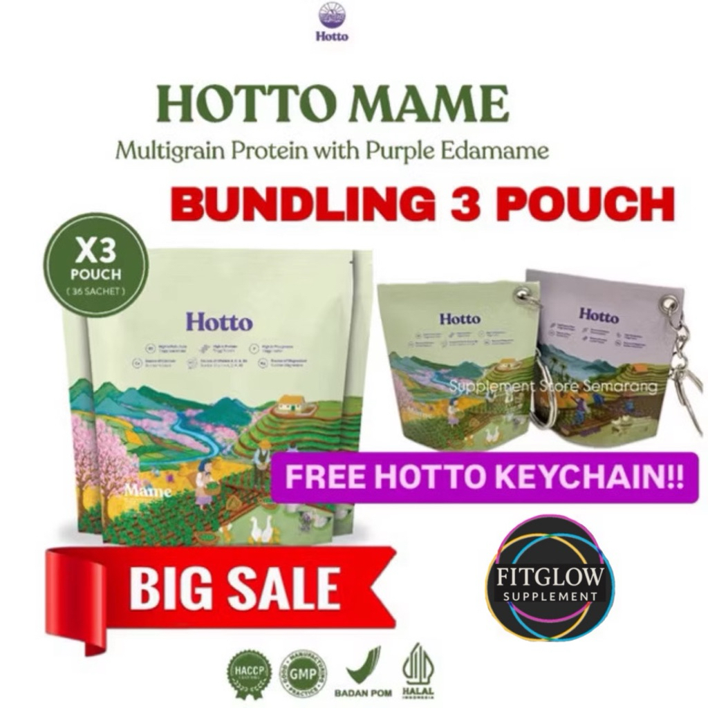 

(FREE KEYCHAIN) BUNDLING 3 POUCH HOTTO PURTO - HOTTO MAME Superfood Whey Protein Multigrain Hotto Edamame Meal Replacement Pengganti Sarapan GERD HALAL BPOM