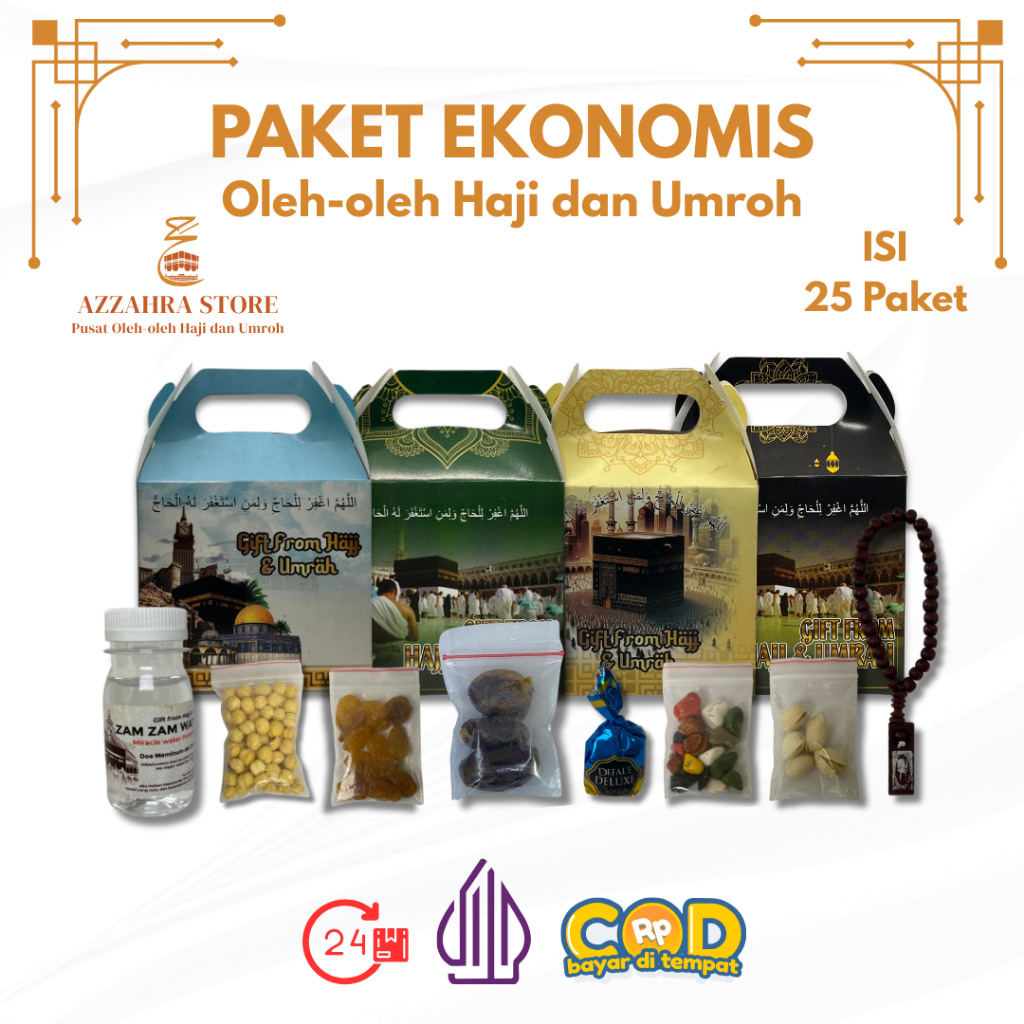 

Paket 25Pcs Ekonomis Oleh-oleh Haji dan Umroh Isi Air Zamzam Dus Tenteng