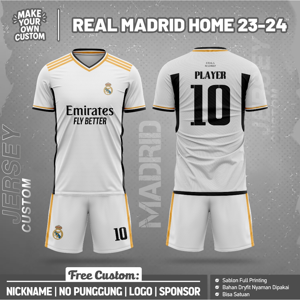 BAJU KAOS SEPAK BOLA R34L M44DR11D H0M333 23-24 free custom nama dan nomor punggung