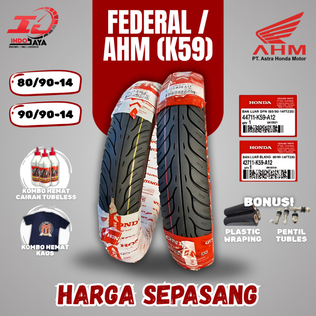 [PAKET MURAH SEPASANG] BAN AHM FEDERAL TUBELESS ( 80/90-14 / 90/90-14 ) BAN MOTOR MATIC HONDA BEAT P