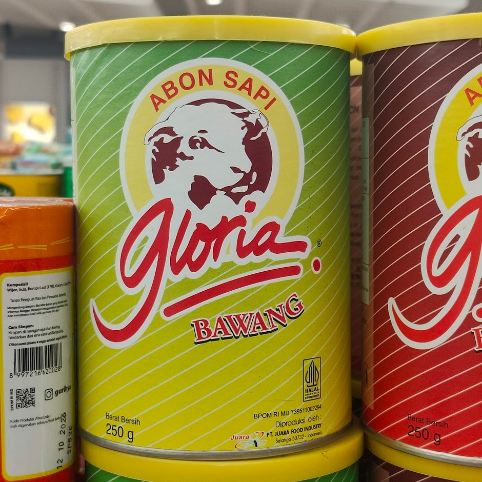 

Abon Sapi GLORIA Kaleng 250gr rasa Ayam Bawang / Pedas / Original