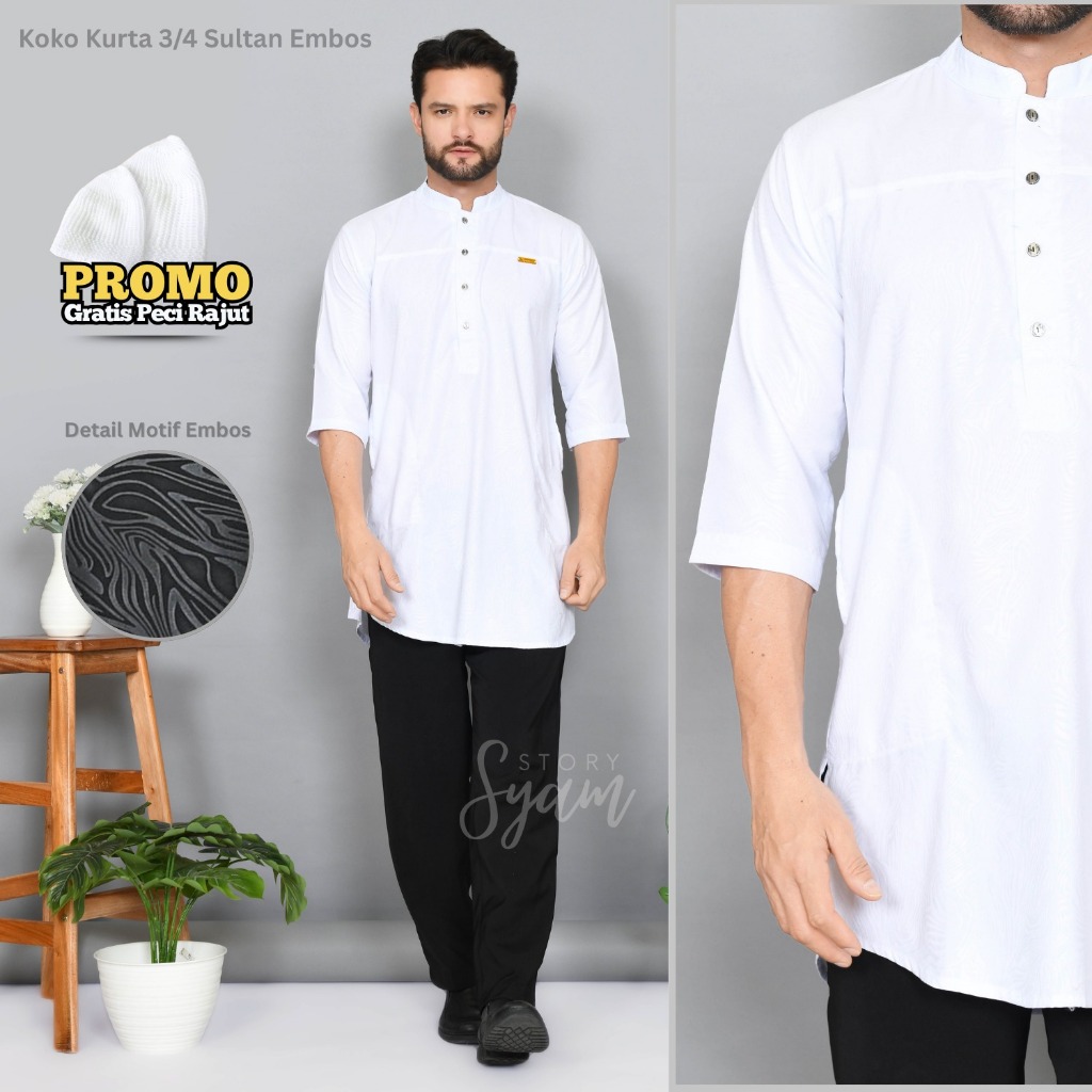 Koko Kurta Dewasa Motif Embos Harimau Baju Koko Pria Embos Variasi Kancing Dada Lengan 3/4 Kurta