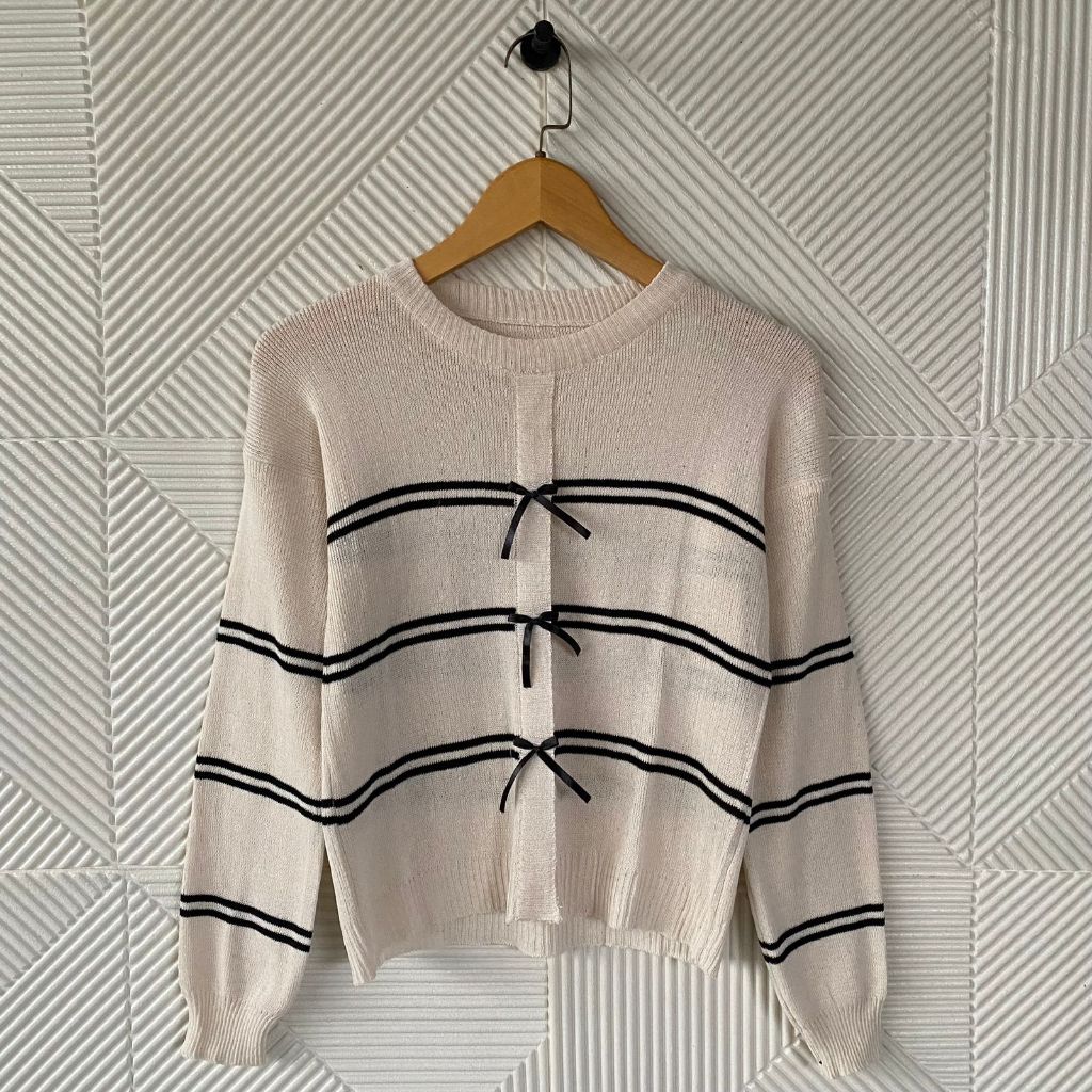 Shabhira Bkp 12 / Atasan Rajut Wanita Lengan Panjang / Cardigan Pita Garis Stripe / Pakaian Wanita