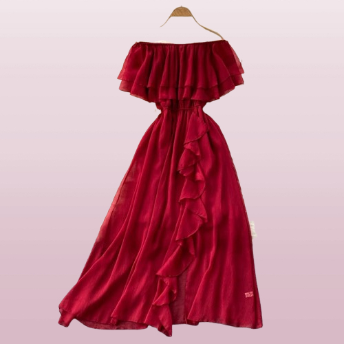 Maxi Dress Wanita Sabrina Angel Belah Paha Ruffle Rumbai Karet Pinggang Sifon Premium Nyaman Adem Ko