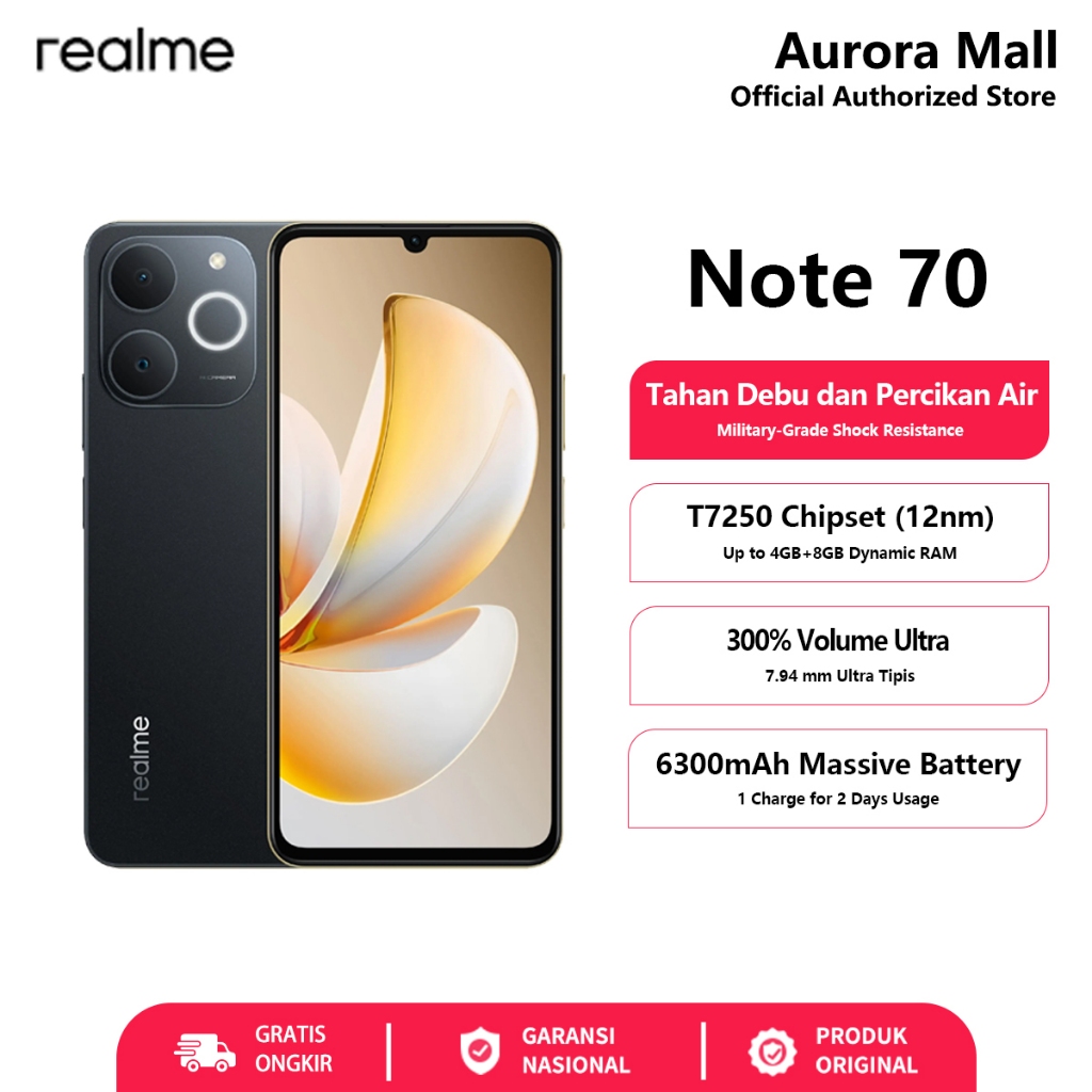 Hp realme Note 70 4/64GB 4/128GB RAM 4GB+8GB Extended ROM 128GB realme Terbaru 2025 Garansi Resmi