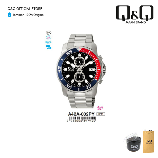Q&Q QnQ QQ Original Arloji Jam Tangan Pria Analog Stainless Steel - A42A Tahan Air 3 BAR