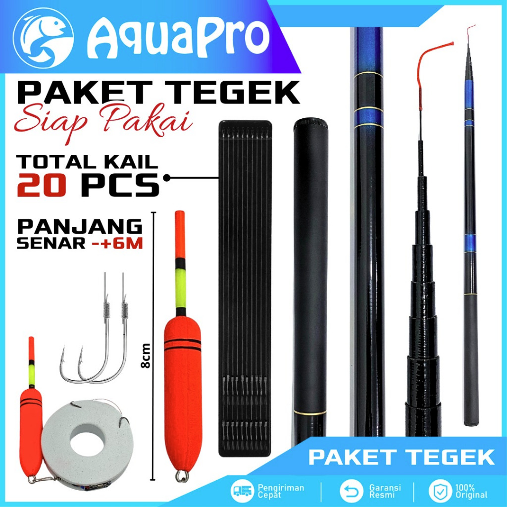 Aquapro Paket Set Pancing Joran Tegek Fiber Siap Pakai dengan Kail Pelampung dan Senar Pancing