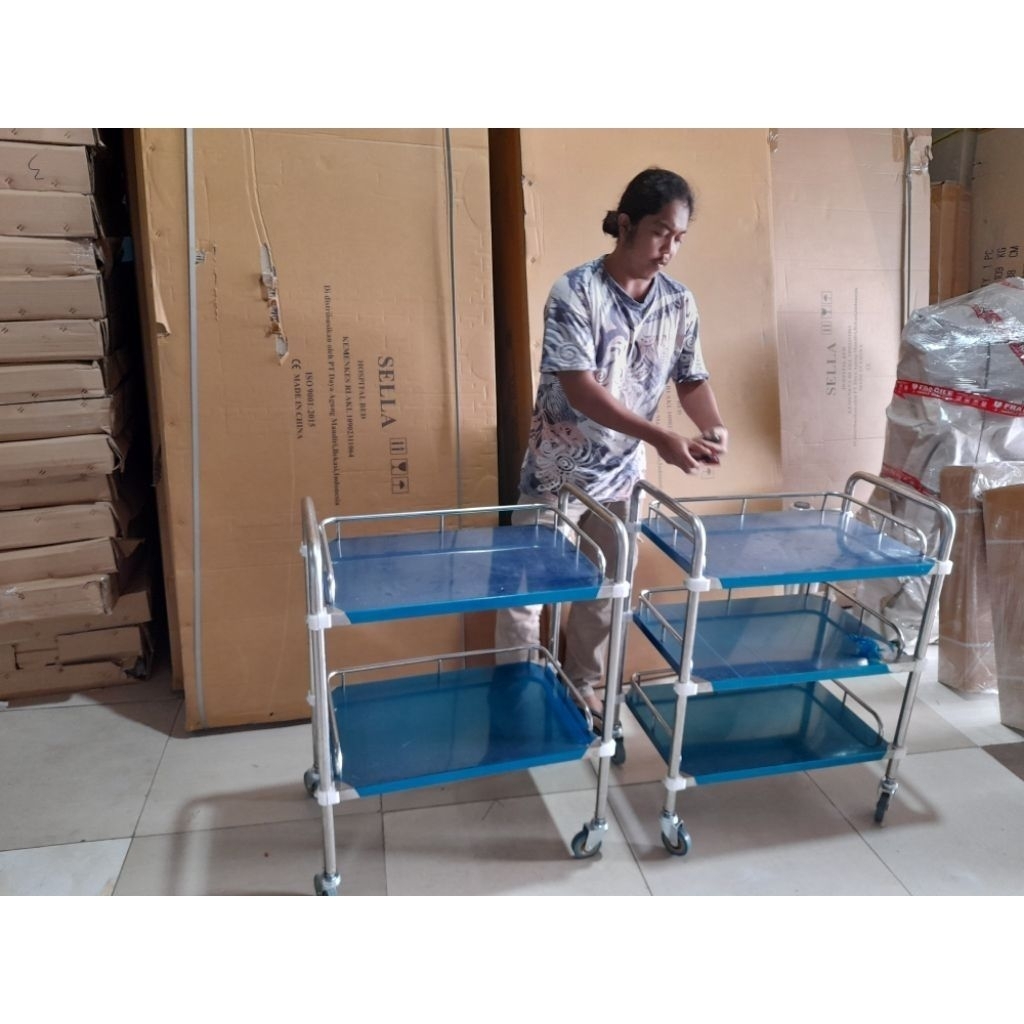 Troli Dorong 3 Shap Stainless / Troli Instrumen 3 Rak Stainless / Troli Restoran Stainless 3 Susun /