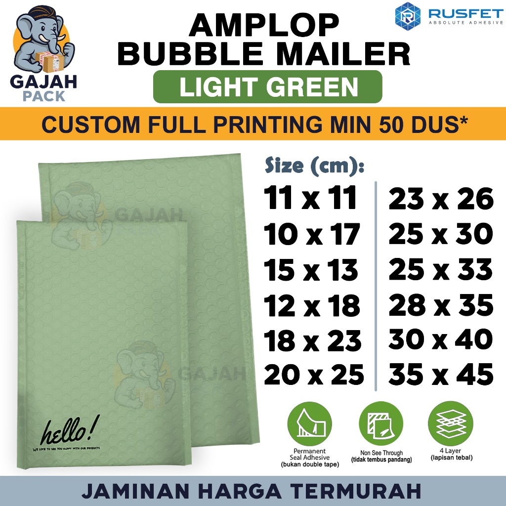 Amplop Bubble Wrap LIGHT GREEN Hijau Envelope Bubble Bag Mailer Packing Perekat Paket Murah RUSFET