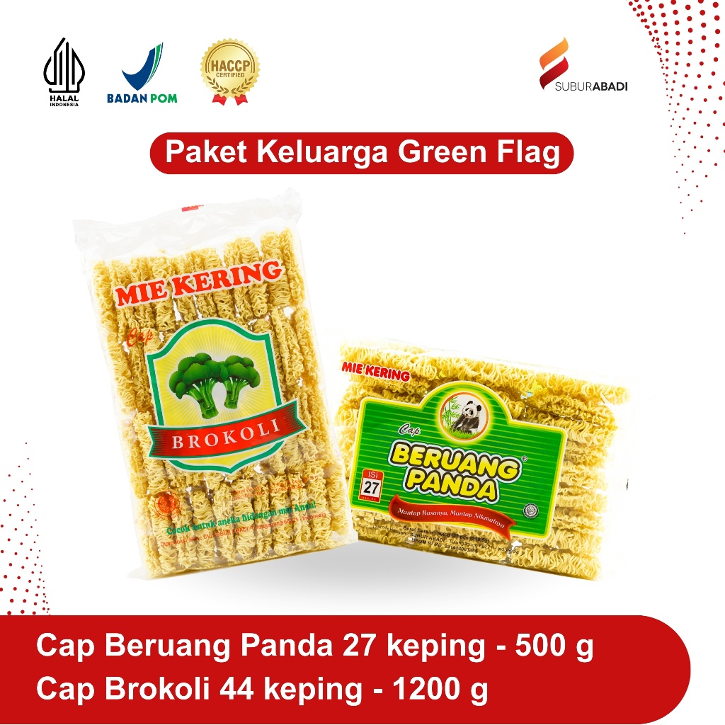 Paket Keluarga Green Flag: Mie Kering cap Brokoli 44 keping dan cap Beruang Panda 27 keping