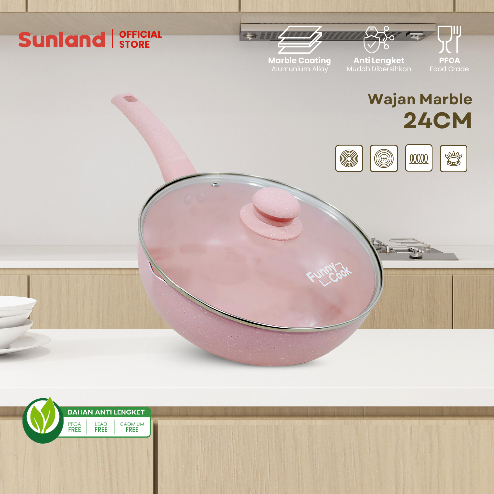 SUNLAND Wajan Penggorengan Anti Lengket 24CM | Teflon Granite Pastel Series dengan Tutup Kaca - Pink