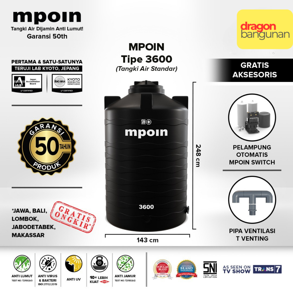 Toren / Tandon / Tangki Air Mpoin Plus 3600 / Mpoin Wave 3600 Hitam