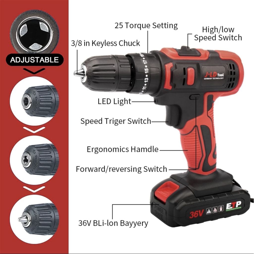 JLD 36Vf Mesin Bor Baterai Bor Cas jld 1 Batre Case 2 Bor Cordless Impact Drill Bor Tangan Bor Bater