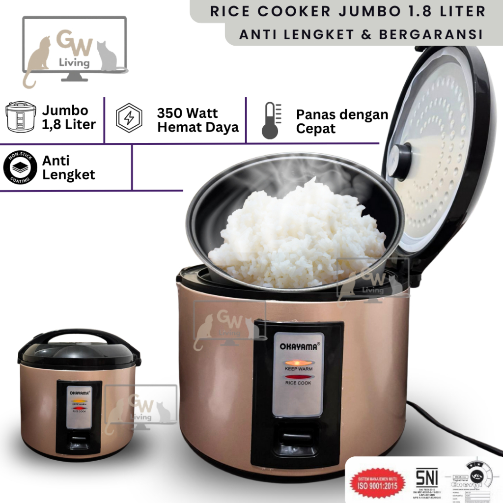Okayama Rice Cooker Penanak Nasi Jumbo Besar 1,8 L Bergaransi Awet Hemat Daya