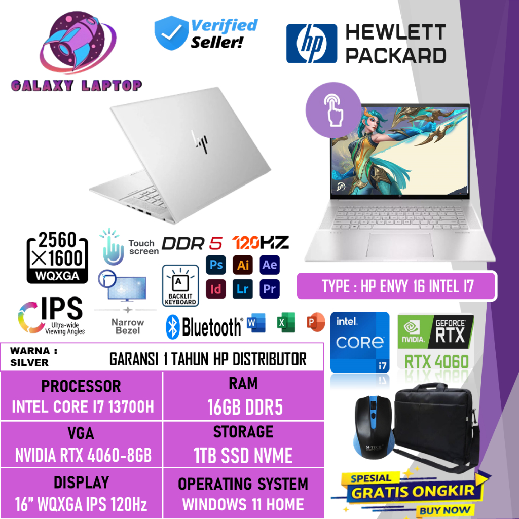 Laptop Design Hp Envy 16 Intel Core i7 13700H 16GB DDR5 1TB RTX4060-8GB 16 Inch WQXGA IPS Touchscree