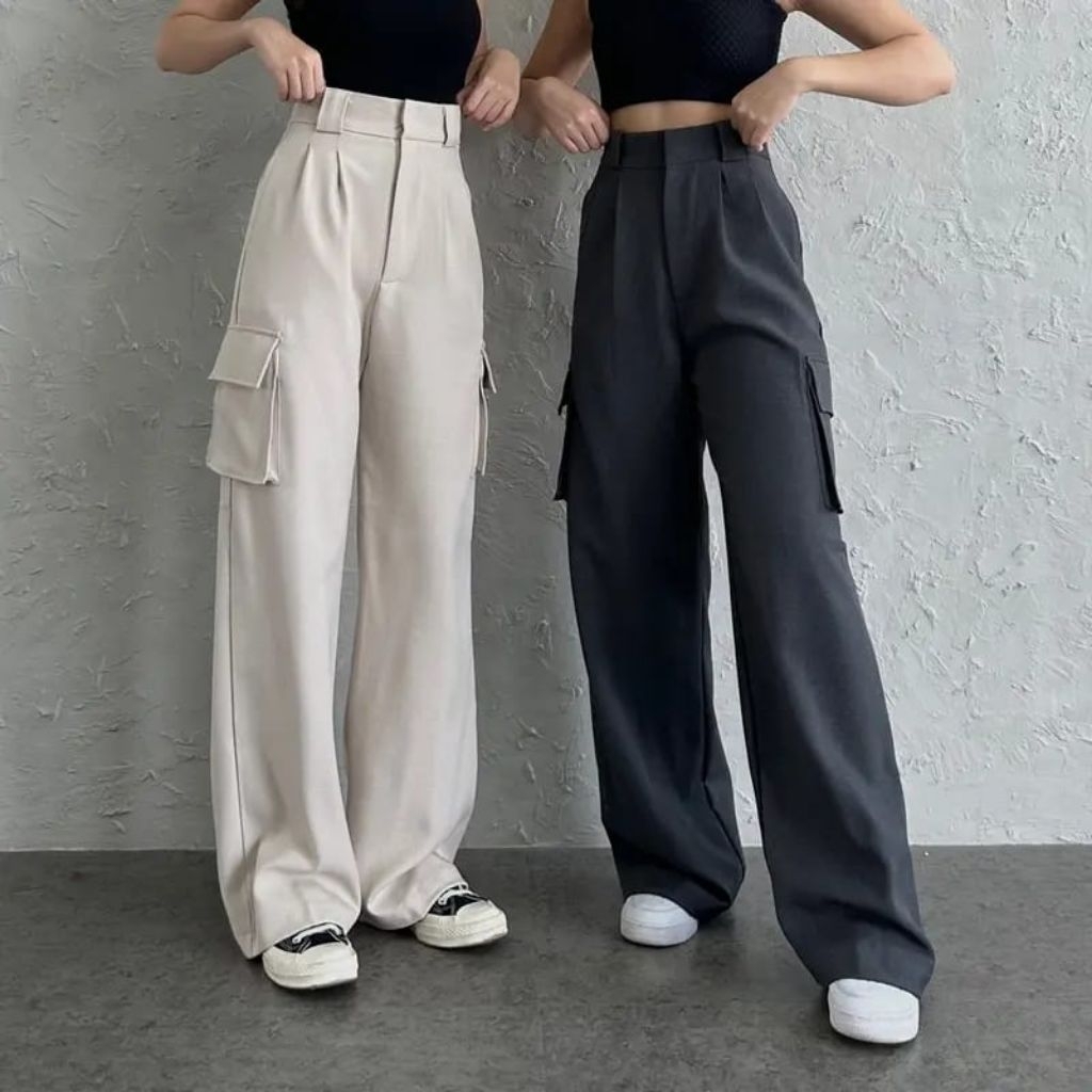 RB Fashion House - Celana Cargo Wanita Highwaist Loose Pants Trousers Korean Style - Celana Kargo Te
